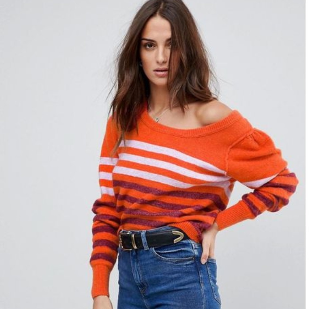 Free People Sweater M Striped Complete Me Orange Alpaca